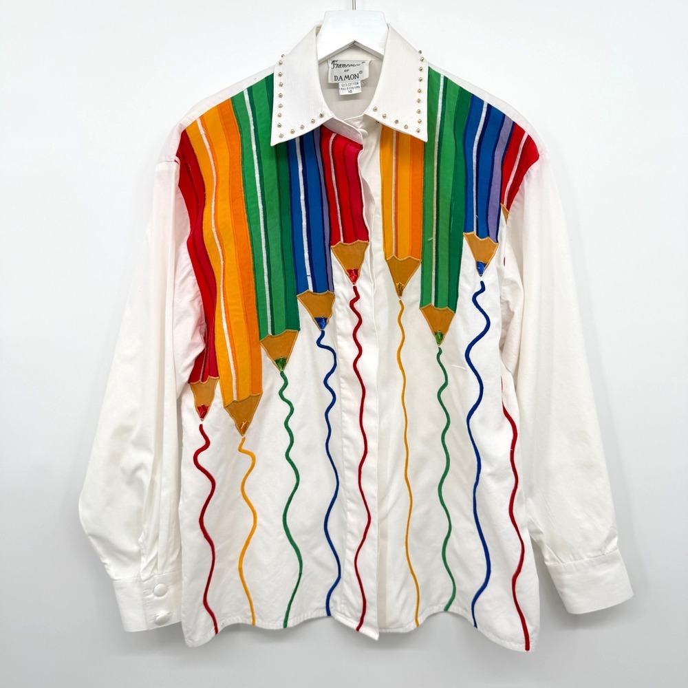 Vintage Francesca of Damon Top Shirt Size 10 M Embroidered Colors Teacher Artsy
